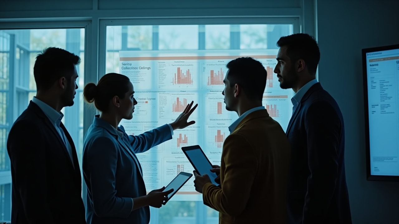 Team of specialists analyzing complex structural data